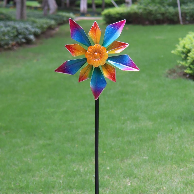 LERFUGI 10" Small Metal Wind Spinner for Garden, 48" Tall Outdoor Flower Yard Decoration – Rainbow Gradient Petals, Weather-Resistant Garden Stake Spinner for Patio & Planter - Image 4